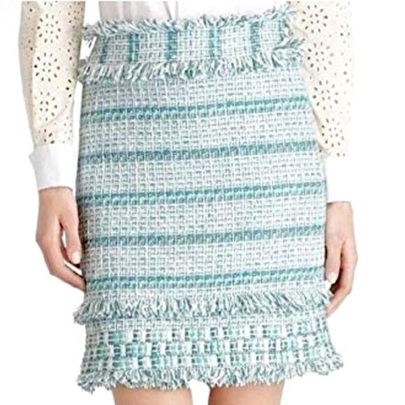 New $375 TORY BURCH Nora Tweed Pencil Skirt Embellished Turquoise Fringe Trim 10 - Picture 14 of 14